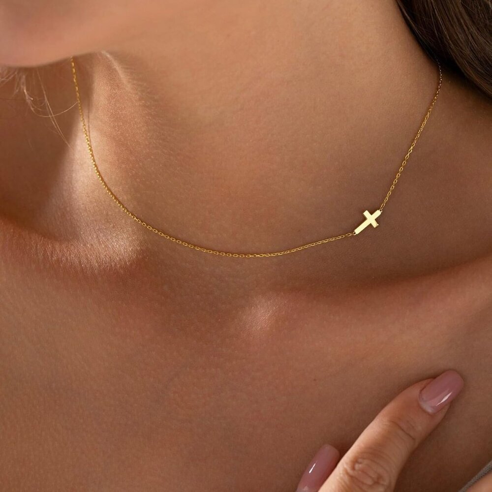 Trendy Gold Cross Necklace for Women - Hypoallergenic Sideway Choker Style - Picture 5 of 7